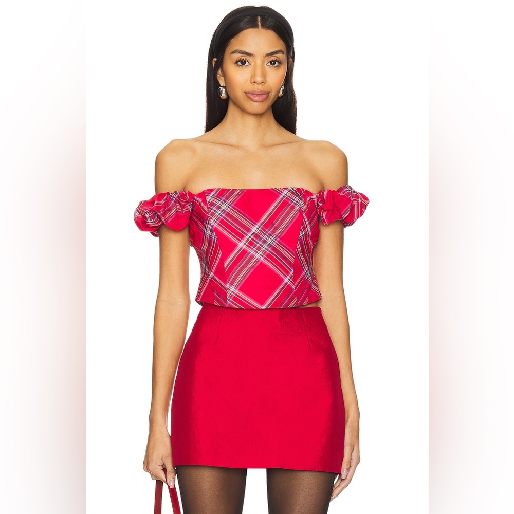 LoveShackFancy Maryjane Crop Top, Cheery Red, Tartan Plaid, Ruffled Strap Corset